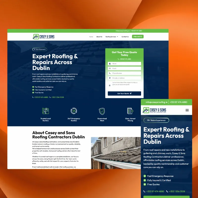 Casey & Sons Roofing Contractors website shown across desktop and mobile screens