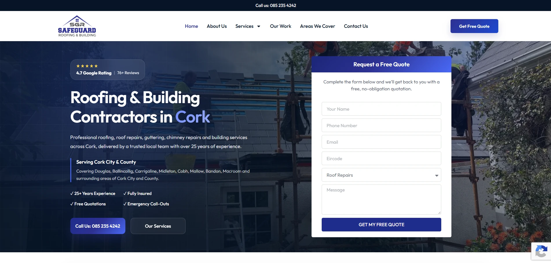 Safeguard Roofing & Building desktop homepage with Cork service coverage, customer reviews and a quote form