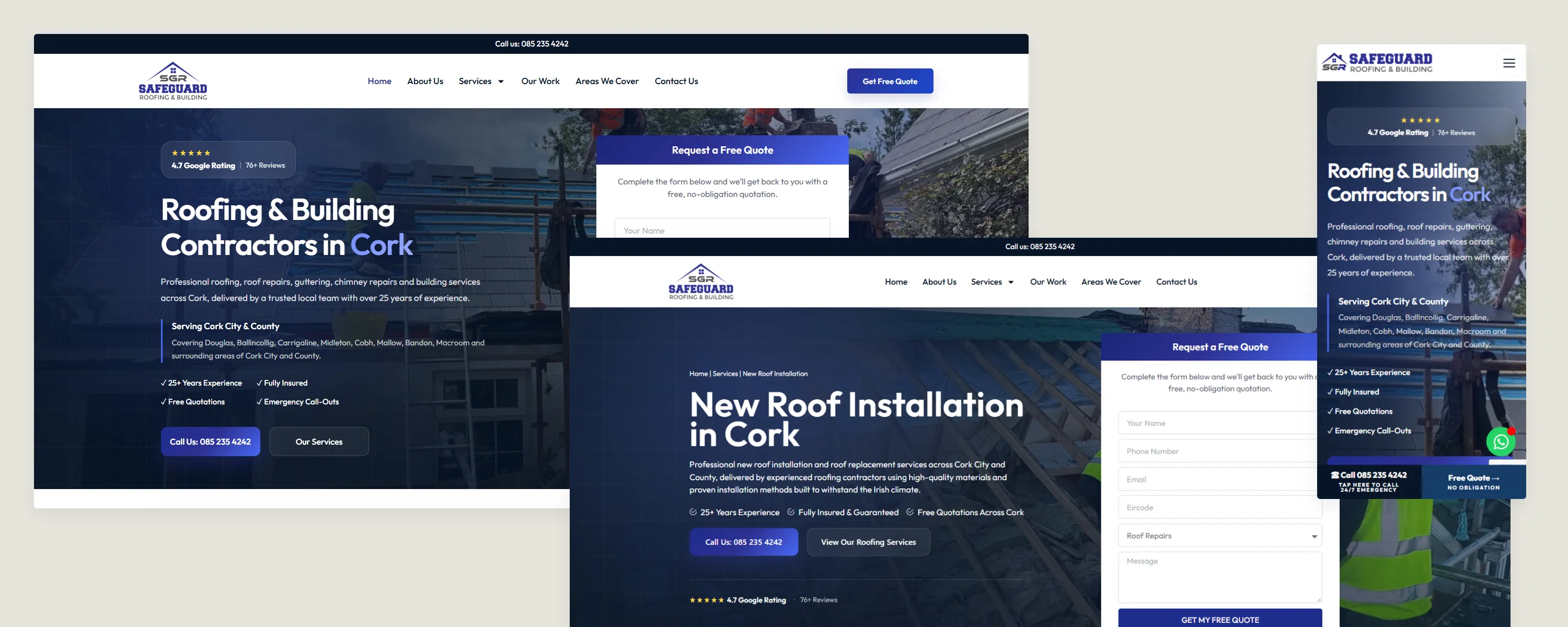 Safeguard desktop homepage, New Roof Installation service page and mobile homepage in a layered composition