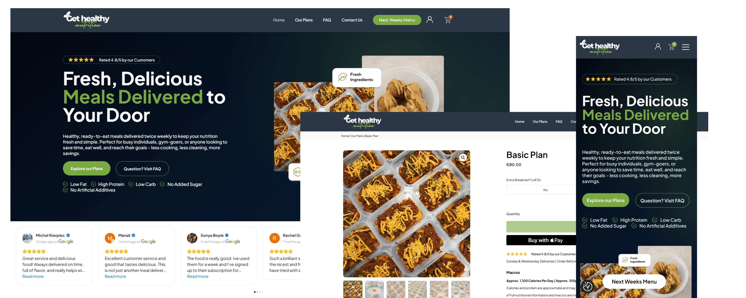 Get Healthy Nutrition desktop homepage, Basic Plan product page and mobile website composition