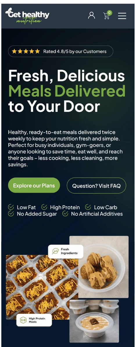Get Healthy Nutrition mobile homepage with a stacked meal introduction and plan and FAQ links