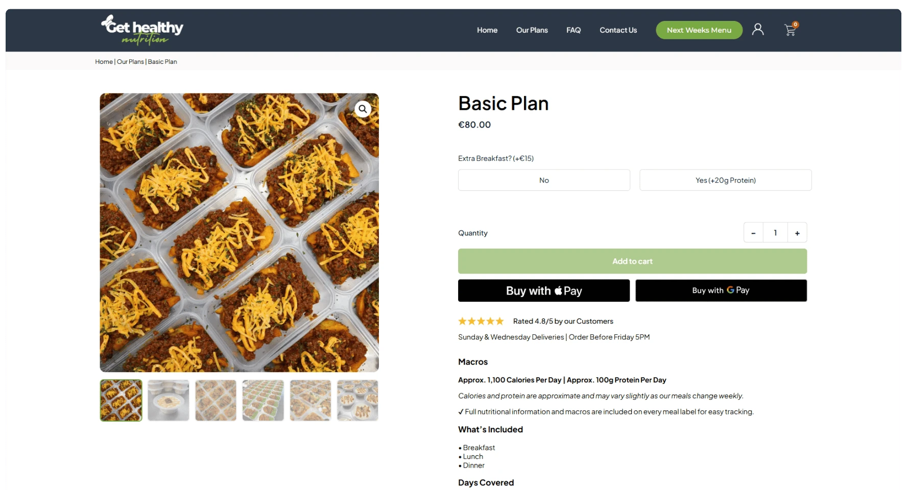Get Healthy Nutrition Basic Plan product page with meal photography, an extra breakfast option, quantity and purchase controls