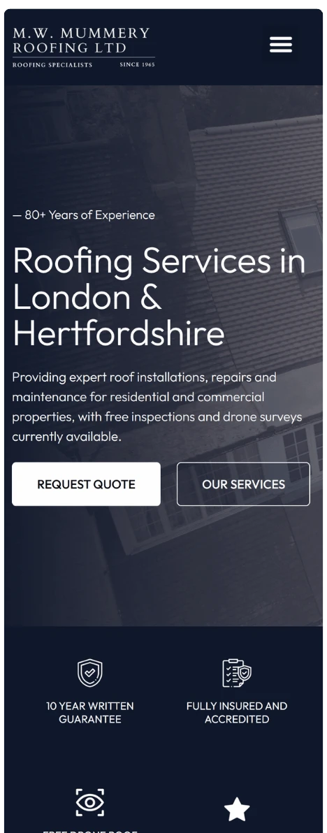 M.W. Mummery Roofing mobile homepage opening