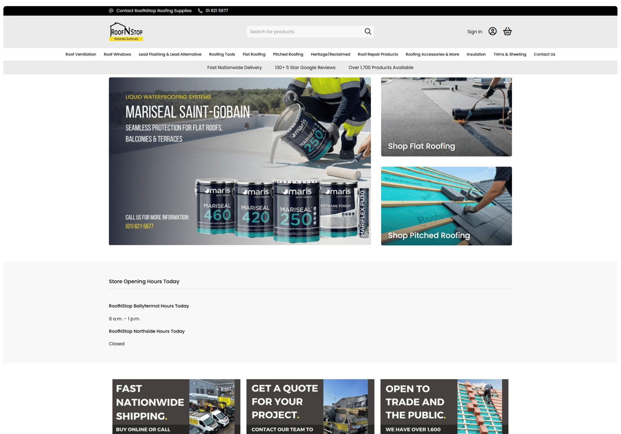 RoofNStop desktop homepage with category navigation, search and featured product ranges