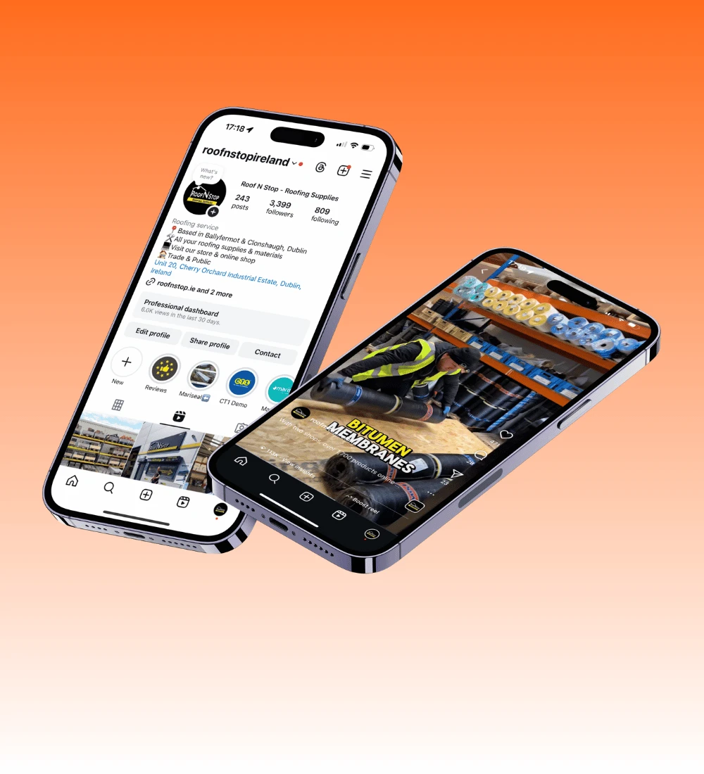 RoofNStop Instagram profile and a roofing-product post in SERO’s existing social media artwork
